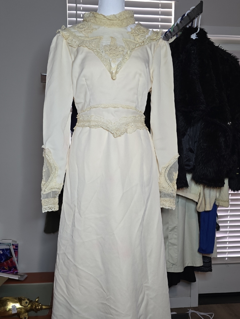 Elegant Ivory Lace Long-Sleeve Maxi Dress VINTAGE Minimal Damage Available